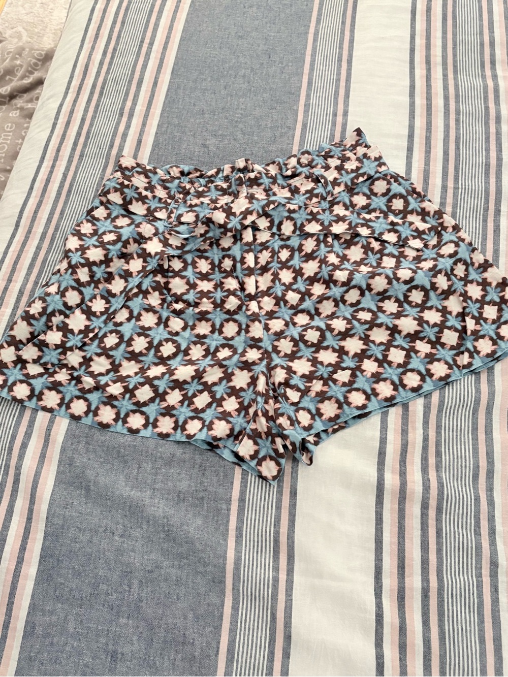 Women's Floral Pattern Paper Bag Elastic-Waist Shorts in Light Blue and Pink